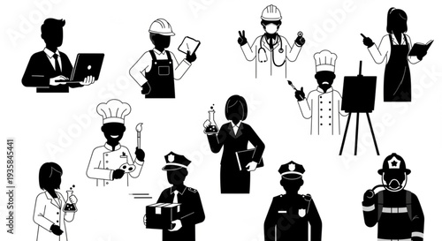 Collection of diverse professional occupation silhouettes in black and white.