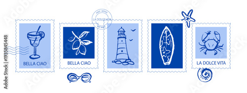 Vintage summer Italian Mediterranean coastal postage stamp set. Hand drawn vector illustration. Amalfi crayon sketch beach vacation design.