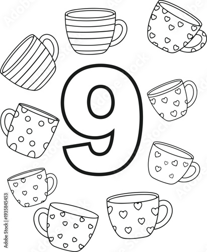 Number 9 coloring worksheet for children. Hand-drawn line art of nine tea cups for counting and coloring. Ideal for kindergarten teachers and homeschooling resources.