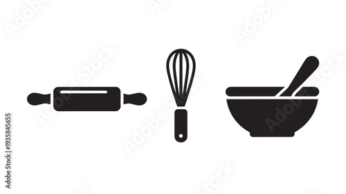 Black Kitchen Utensils Icons Set Including Rolling Pin, Whisk, And Mortar On White Background For Cooking And Baking Concepts