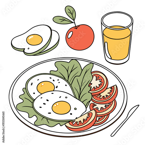 vector illustration of Fried eggs and vegetables, breakfast dish