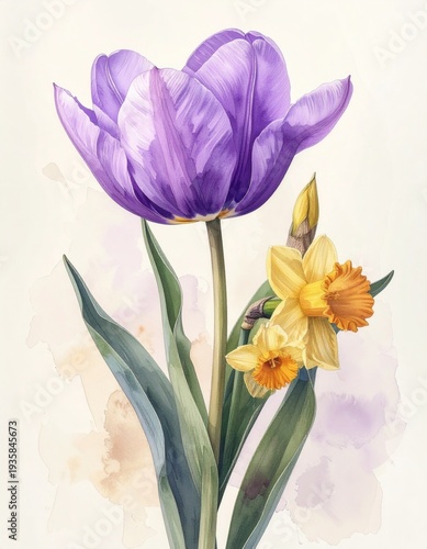 Watercolor Painting of Purple Tulip and Yellow Daffodil on Cream Background