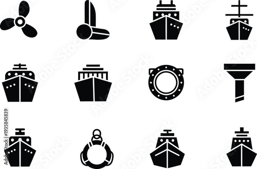 A set of twelve black and white icons representing various nautical and maritime symbols.