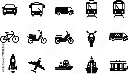 Collection of transport icons including car bus train bicycle airplane ship and rocket.