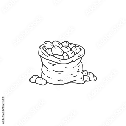Hand drawn sack of potatoes. Potato in sketch style for packaging and prints, for store. Engraved farm potatoes in burlap sack, bunch. Harvested root crops. Food vector illustration