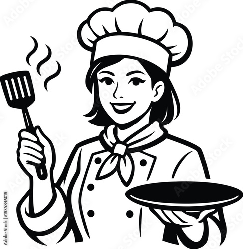 Female chef cooking icon with spatula and pan

