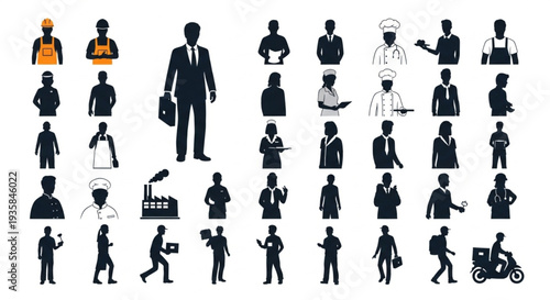 Collection of diverse professional people silhouettes in various poses.