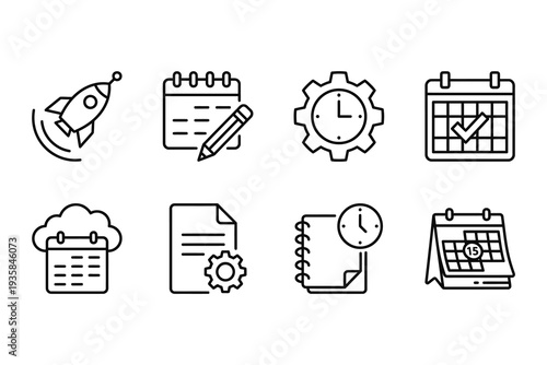 Time Management and Planning Icons: Startup, deadlines, scheduling, and project execution.