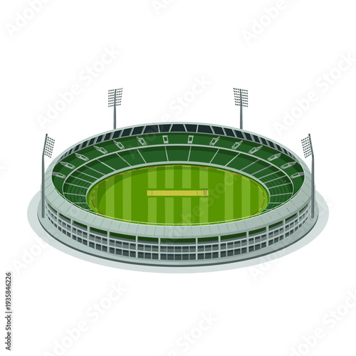 Cricket stadium with green field and seating area  sports venue