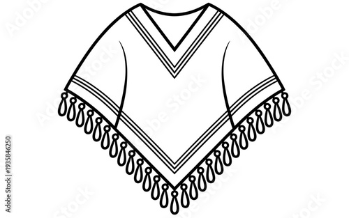 Fringed poncho with Vneck and decorative trim design element