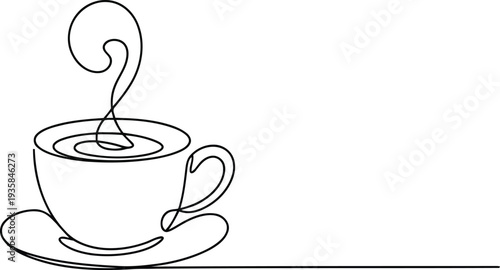 Continuous single line drawing of a steaming hot coffee cup with saucer on a clean white background