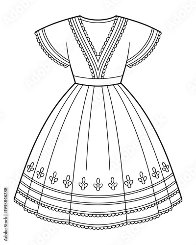 Line drawing of a short sleeve decorative dress with floral patterns