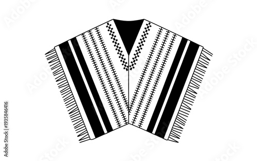Black and white striped poncho with fringe and geometric patterns