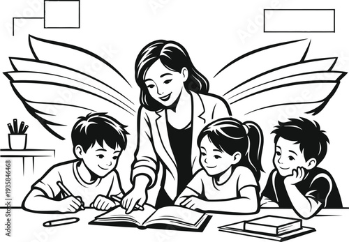 Teacher reading book to children line art illustration

