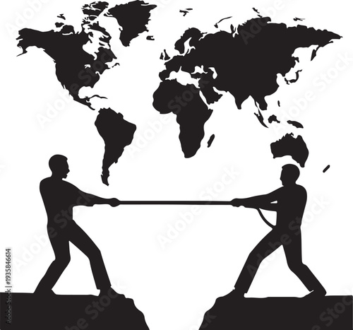 Tug of war silhouette over world map
