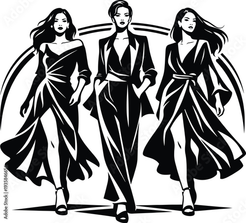 Runway fashion models group silhouette illustration

