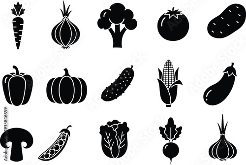 A collection of black vector icons representing various common vegetables on a white background.