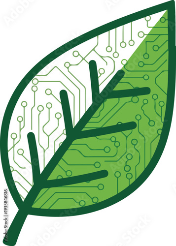 Green Technology and Sustainable Energy Concept: Circuit Board Pattern inside a Leaf Illustration