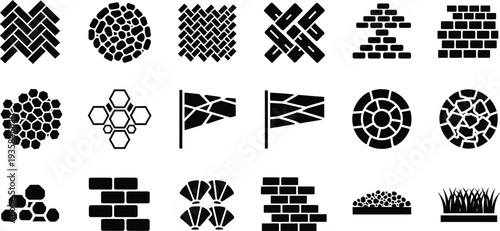 Collection of black and white icons representing various paving and wall construction patterns