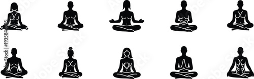 Set of black silhouettes of people practicing meditation and yoga in various seated positions