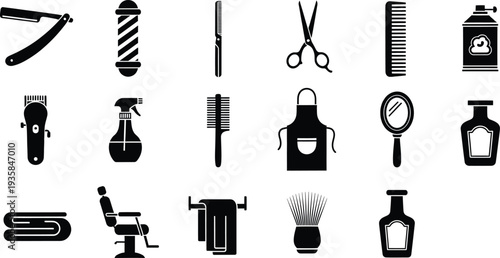 Collection of professional barbershop and hair salon equipment icons set on white background