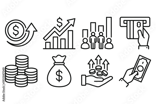 Finance and Money Icons: Investment, savings, banking, and business growth concepts.