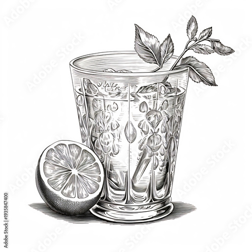A detailed black and white illustration of a refreshing glass of water with a slice of lime and a sprig of mint.