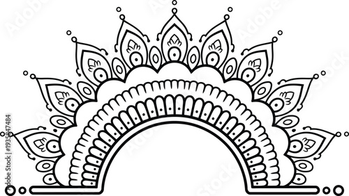 Detailed black outline of a dense semi circular mandala with layered and tiered patterns