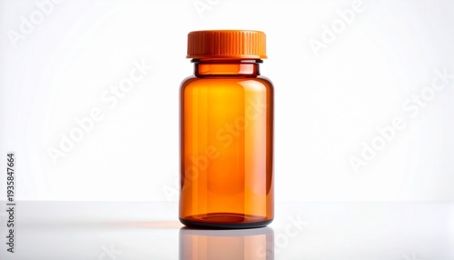 Amber Glass Bottle with Orange Cap on White Background Pharmaceutical Container