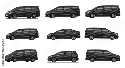 Collection of black cars and vans in profile view.