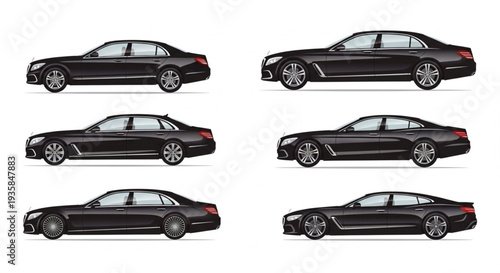 Collection of Black Luxury Sedan Cars Side View.
