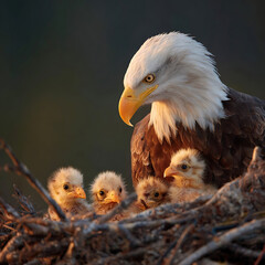 Bald Eagle Mother Guarding Chicks in Nest at Golden Hour Wildlife Family Portrait American Raptor Bird Photography