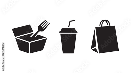 Black Icons Of Food Box With Fork, Disposable Cup With Straw, And Shopping Bag On White Background For Food Delivery Concepts
