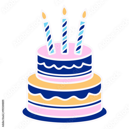 A colorful vector graphic illustration of a birthday cake with candles