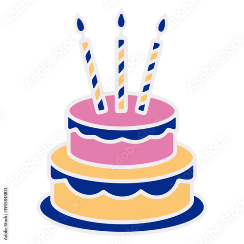 A colorful vector graphic illustration of a two-tiered birthday cake with pink and yellow frosting and blue candles