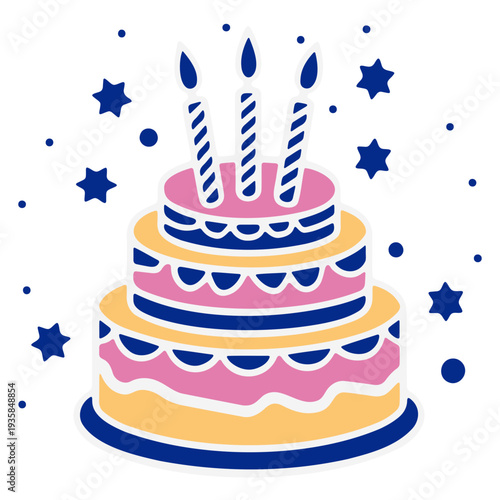 A colorful vector graphic illustration of a birthday cake with candles and stars