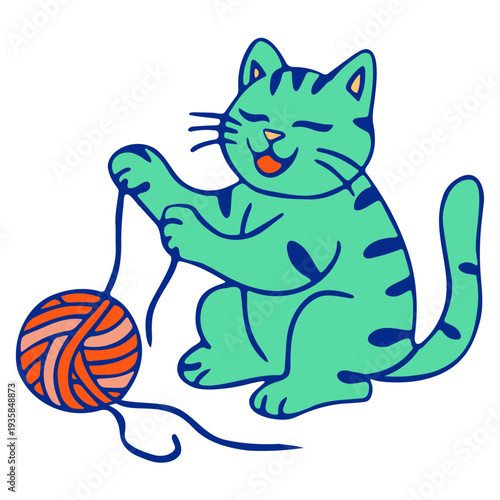 A playful cartoon cat enjoying a ball of colorful yarn in a fun vector illustration
