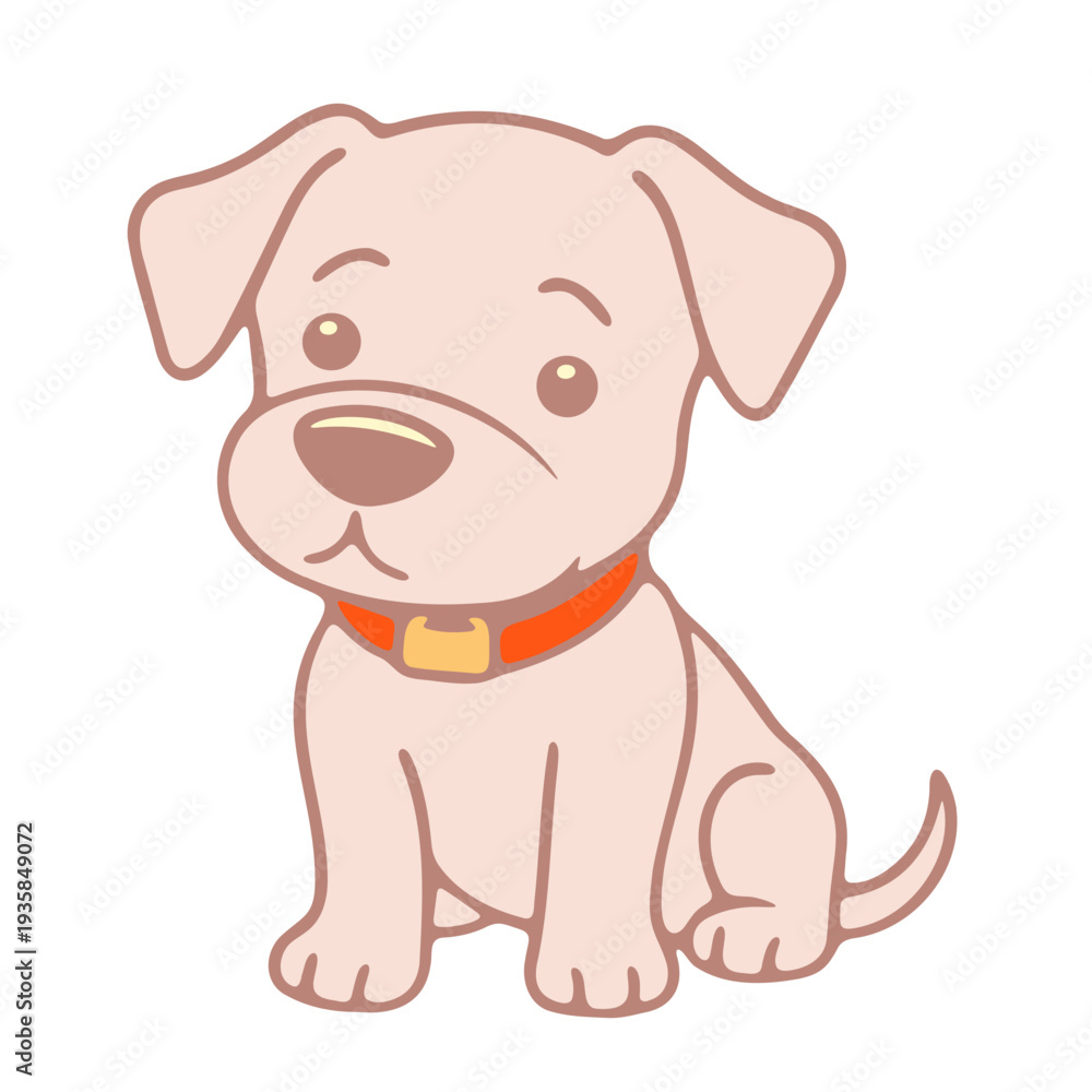 Fototapeta premium A cute cartoon dog with a red collar sits on a white background