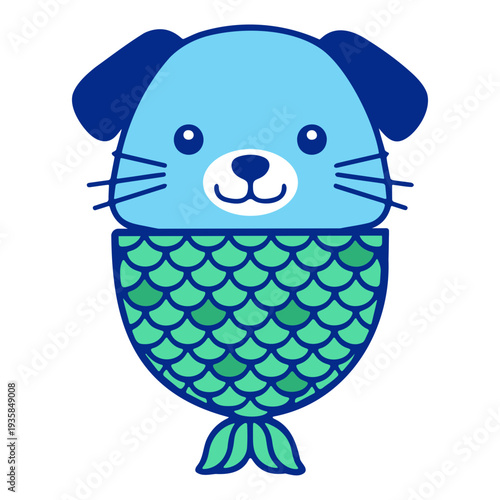 A cute cartoon mermaid dog with a blue and green tail and a smiling face