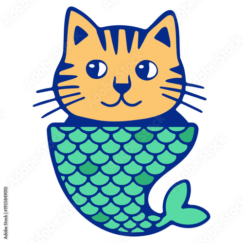 A colorful cartoon illustration of a cat's head merged with a mermaid's tail in a whimsical design
