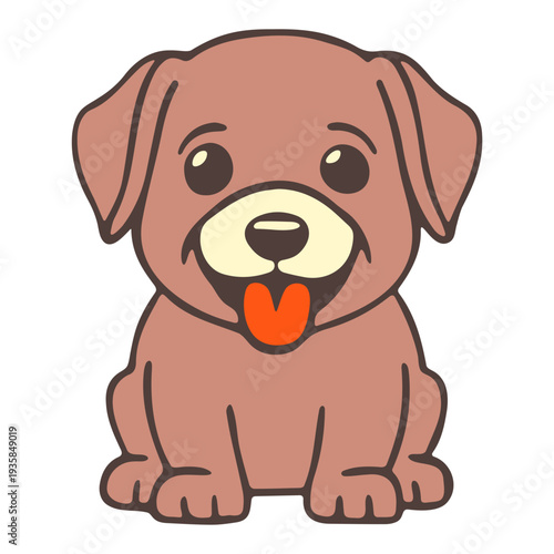 A cute cartoon dog with its tongue out sitting on a plain background
