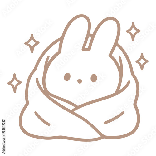 A cute cartoon rabbit wrapped in a blanket with sparkles around it