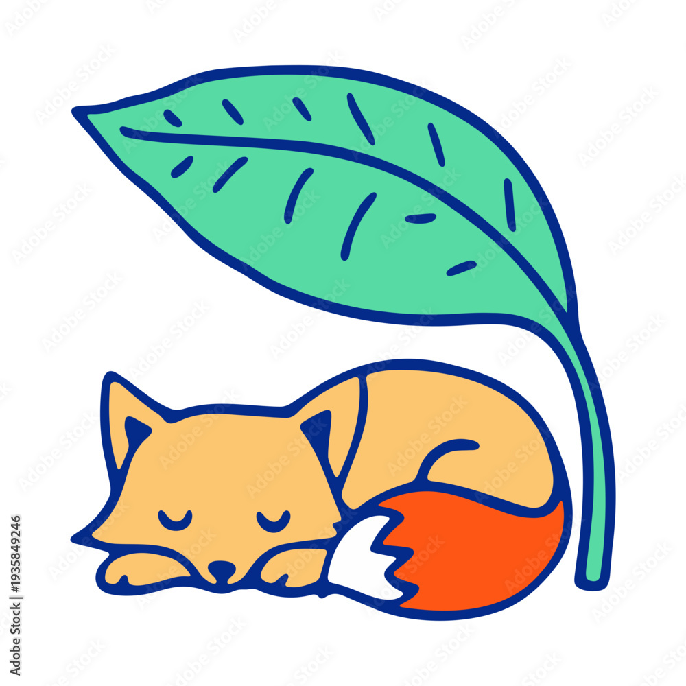 Fototapeta premium A cute cartoon fox sleeping peacefully under a green leaf