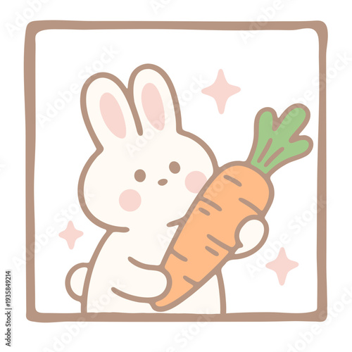 A cute cartoon rabbit holding a large orange carrot in a playful illustration
