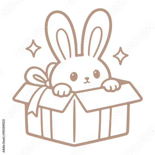 A cute cartoon rabbit peeking out of a gift box with a bow