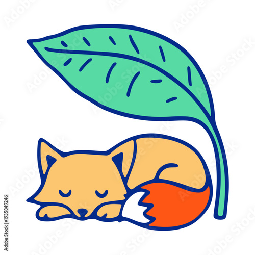 A cute cartoon fox sleeping peacefully under a green leaf