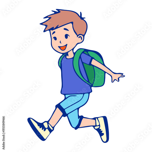 A cheerful cartoon boy running with a green backpack on a white background