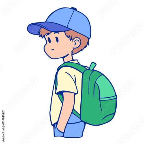A cartoon boy wearing a blue cap and green backpack standing in a neutral pose