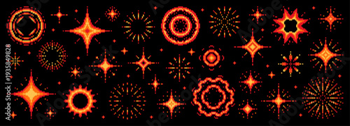 Pixel art set of red and orange sparkling stars and fireworks. Retro 8 bit style burst collection for festive computer game celebration design.