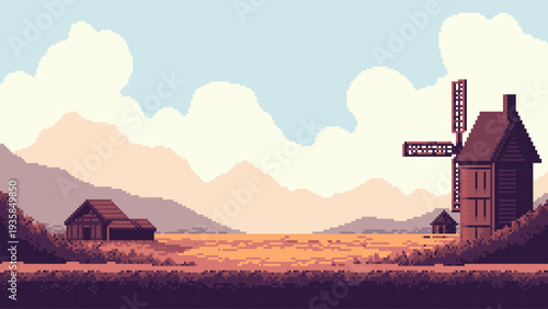 Pixel art landscape with a windmill in a field with mountains in background. Y2k digital illustration for game background or retro design.